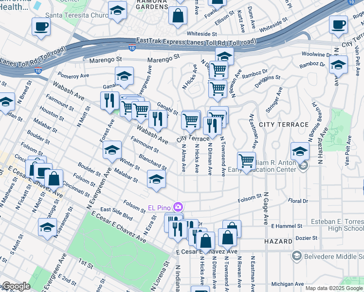 map of restaurants, bars, coffee shops, grocery stores, and more near 3200 City Terrace Drive in Los Angeles