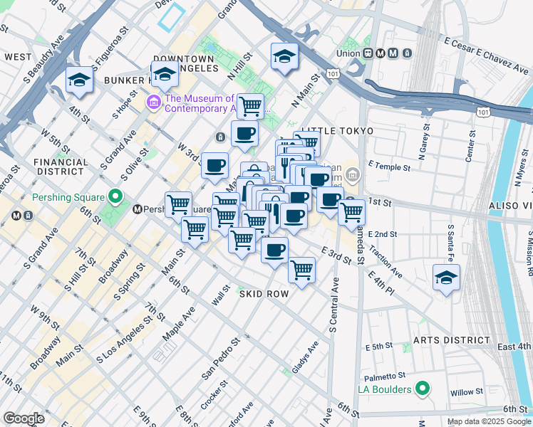 map of restaurants, bars, coffee shops, grocery stores, and more near 231 East 3rd Street in Los Angeles