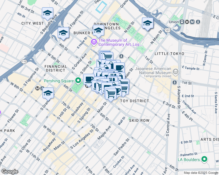 map of restaurants, bars, coffee shops, grocery stores, and more near 120 West 4th Street in Los Angeles