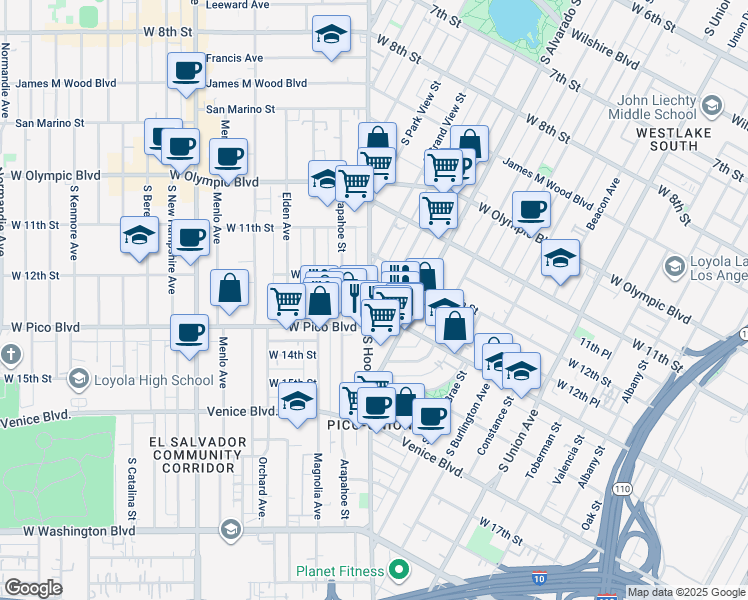 map of restaurants, bars, coffee shops, grocery stores, and more near 1240 Hoover Street in Los Angeles