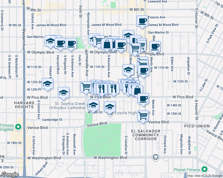 map of restaurants, bars, coffee shops, grocery stores, and more near 1215 Dewey Avenue in Los Angeles