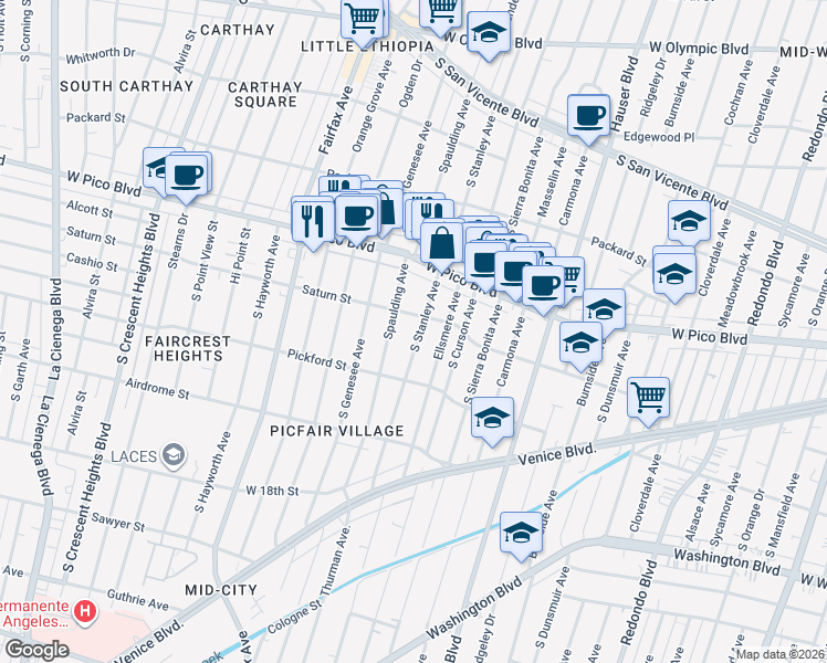 map of restaurants, bars, coffee shops, grocery stores, and more near 1503 South Stanley Avenue in Los Angeles