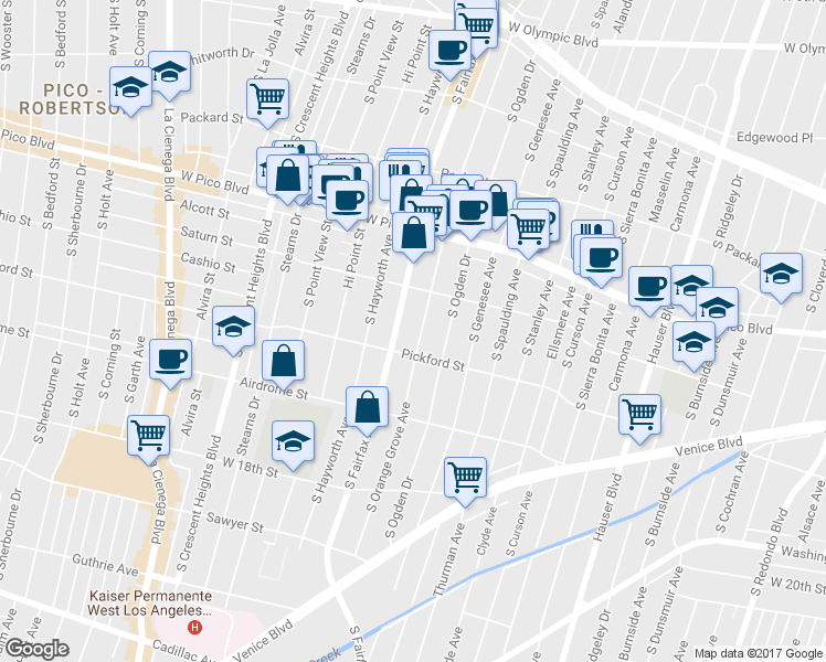 map of restaurants, bars, coffee shops, grocery stores, and more near 1537 South Orange Grove Avenue in Los Angeles