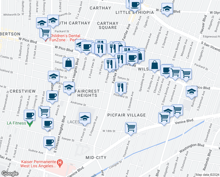 map of restaurants, bars, coffee shops, grocery stores, and more near 1546 South Hayworth Avenue in Los Angeles