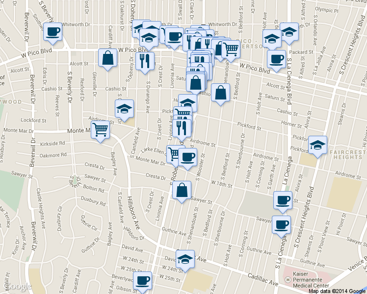 map of restaurants, bars, coffee shops, grocery stores, and more near in Los Angeles