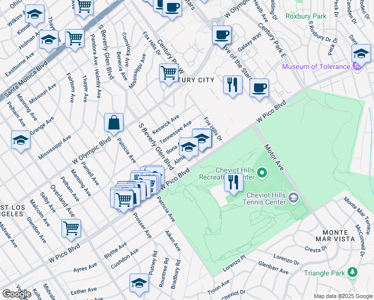 map of restaurants, bars, coffee shops, grocery stores, and more near 2346 Kerwood Avenue in Los Angeles