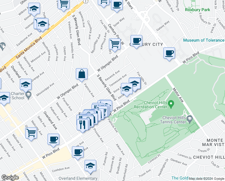 map of restaurants, bars, coffee shops, grocery stores, and more near 10381 Ilona Avenue in Los Angeles