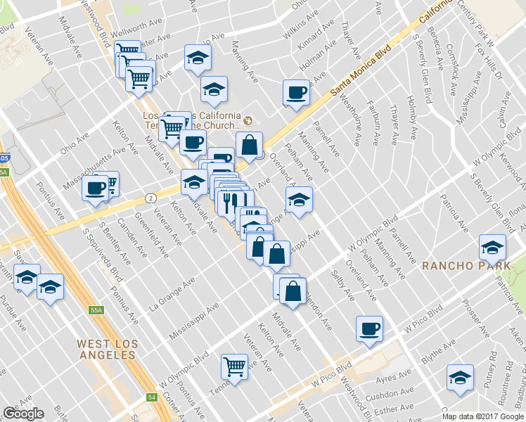 map of restaurants, bars, coffee shops, grocery stores, and more near 1940 Malcolm Avenue in Los Angeles