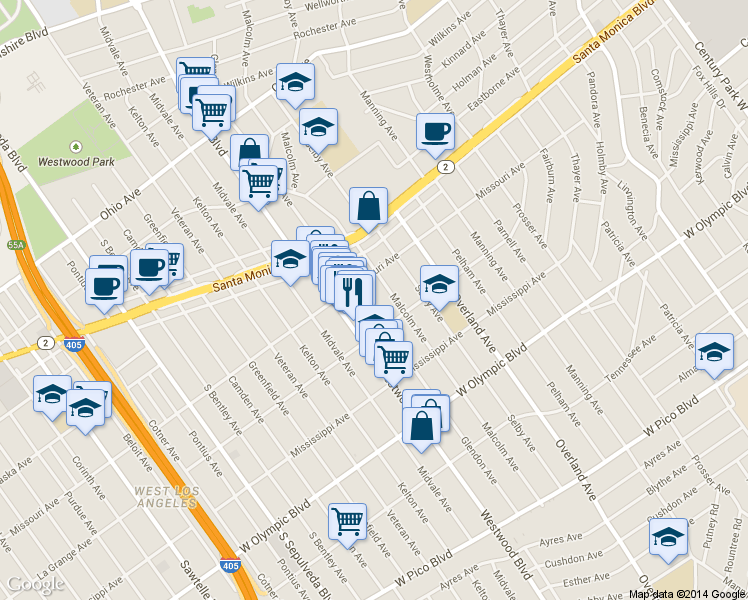 map of restaurants, bars, coffee shops, grocery stores, and more near 1912 Glendon Avenue in Los Angeles