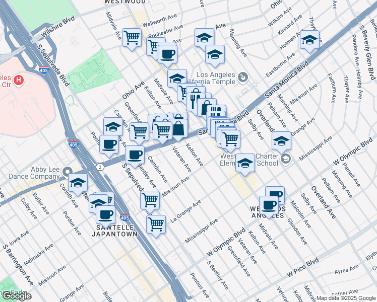 map of restaurants, bars, coffee shops, grocery stores, and more near in Los Angeles