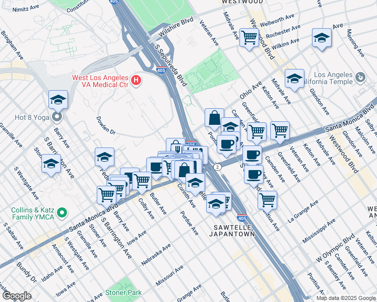 map of restaurants, bars, coffee shops, grocery stores, and more near 1511 Beloit Avenue in Los Angeles