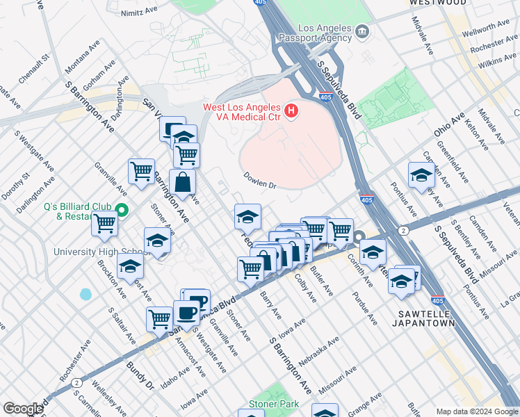 map of restaurants, bars, coffee shops, grocery stores, and more near 11511 Rochester Avenue in Los Angeles