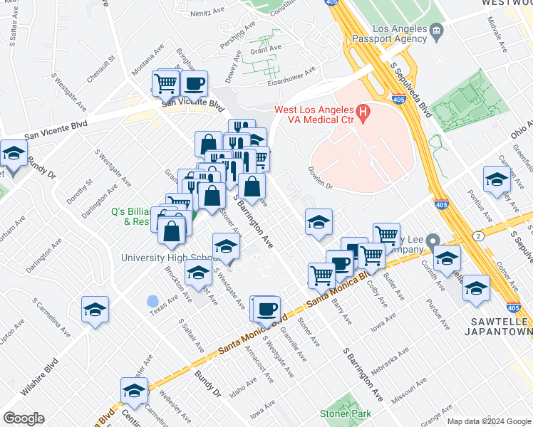 map of restaurants, bars, coffee shops, grocery stores, and more near 1242 South Barrington Avenue in Los Angeles