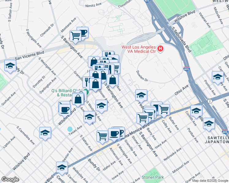map of restaurants, bars, coffee shops, grocery stores, and more near 1242 South Barrington Avenue in Los Angeles