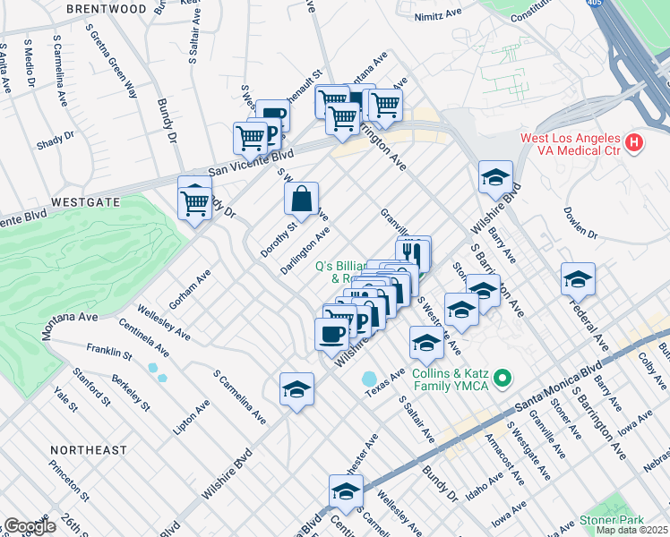 map of restaurants, bars, coffee shops, grocery stores, and more near 11924 Mayfield Avenue in Los Angeles