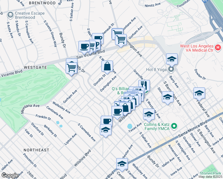 map of restaurants, bars, coffee shops, grocery stores, and more near 11956 Darlington Avenue in Los Angeles