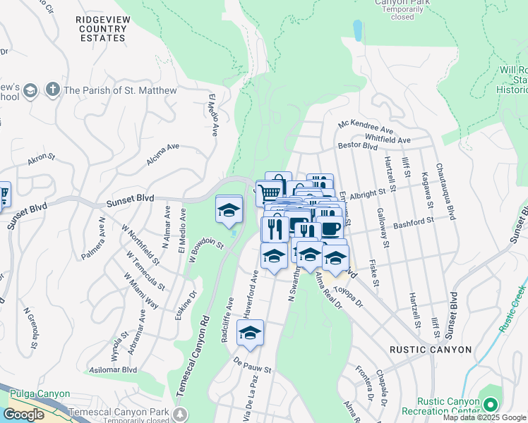 map of restaurants, bars, coffee shops, grocery stores, and more near 15510 Sunset Boulevard in Los Angeles