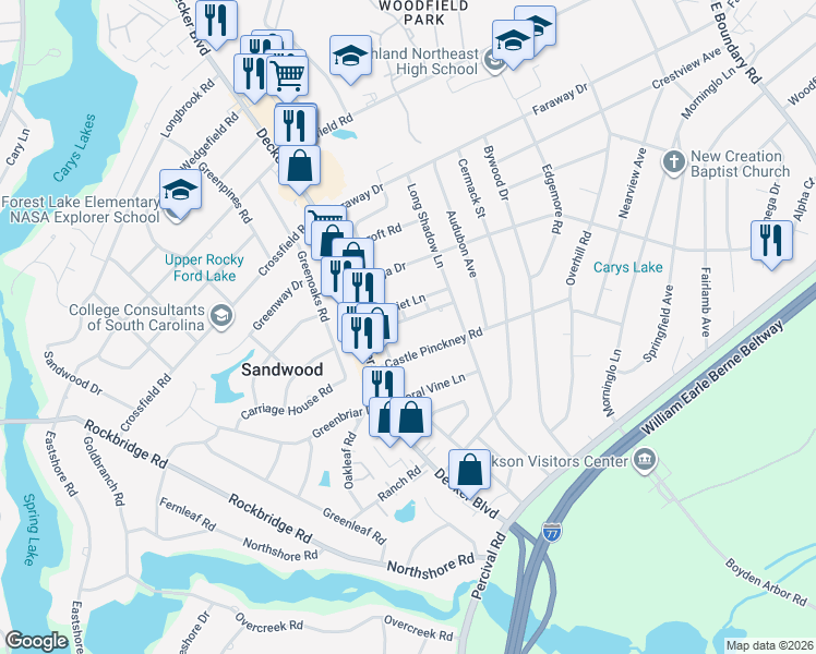 map of restaurants, bars, coffee shops, grocery stores, and more near 1114 Robins Nest Road in Columbia