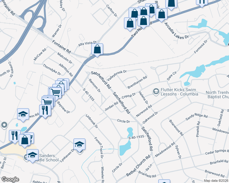 map of restaurants, bars, coffee shops, grocery stores, and more near 6632 Satchelford Road in Columbia