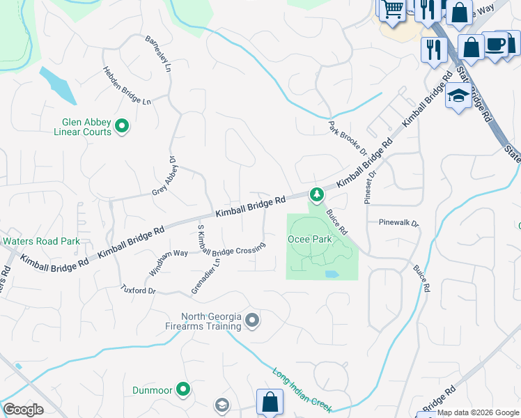 map of restaurants, bars, coffee shops, grocery stores, and more near 10960 South Kimball Bridge Crossing in Alpharetta