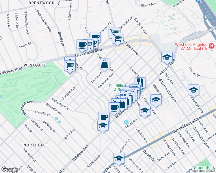 map of restaurants, bars, coffee shops, grocery stores, and more near 11963 Mayfield Avenue in Los Angeles