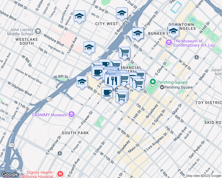 map of restaurants, bars, coffee shops, grocery stores, and more near 700 Flower Street in Los Angeles