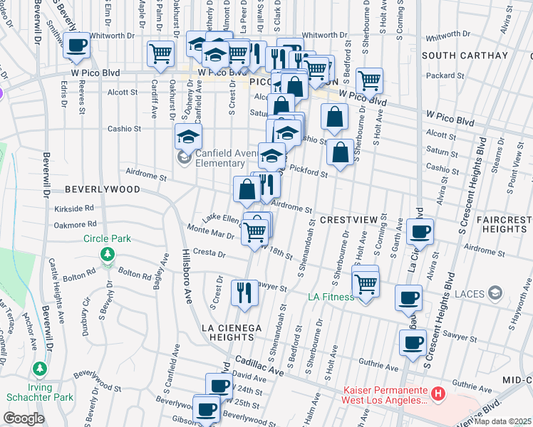 map of restaurants, bars, coffee shops, grocery stores, and more near 1728 South Robertson Boulevard in Los Angeles