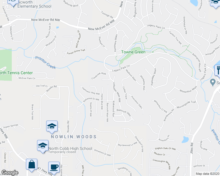 map of restaurants, bars, coffee shops, grocery stores, and more near 3650 Bancroft Main Northwest in Kennesaw