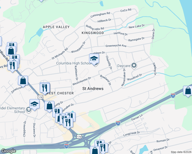 map of restaurants, bars, coffee shops, grocery stores, and more near 1720 Westchester Drive in Columbia