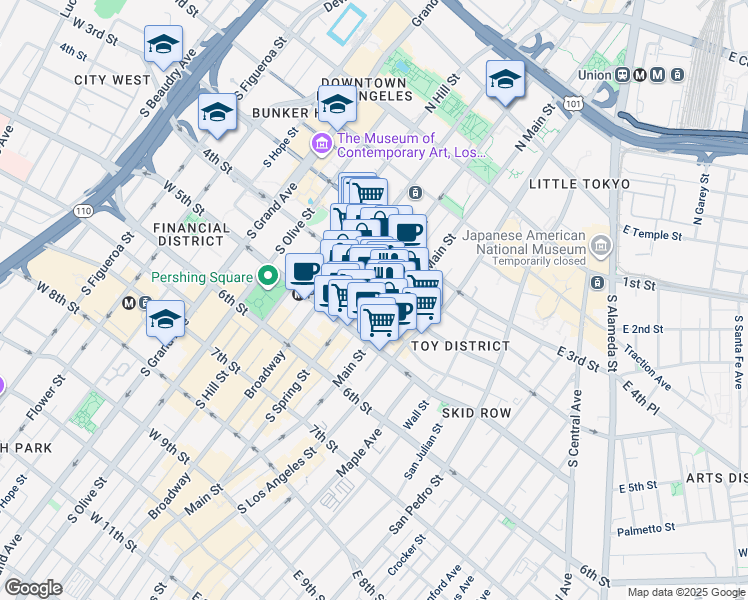 map of restaurants, bars, coffee shops, grocery stores, and more near 120 West 4th Street in Los Angeles