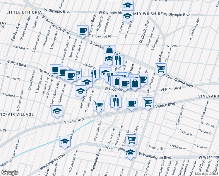 map of restaurants, bars, coffee shops, grocery stores, and more near Cloverdale Avenue in Los Angeles