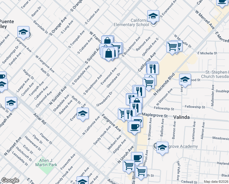 map of restaurants, bars, coffee shops, grocery stores, and more near 1344 Greenberry Drive in La Puente