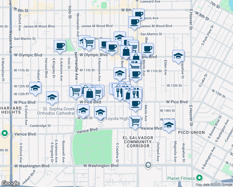 map of restaurants, bars, coffee shops, grocery stores, and more near 1220 South Catalina Street in Los Angeles
