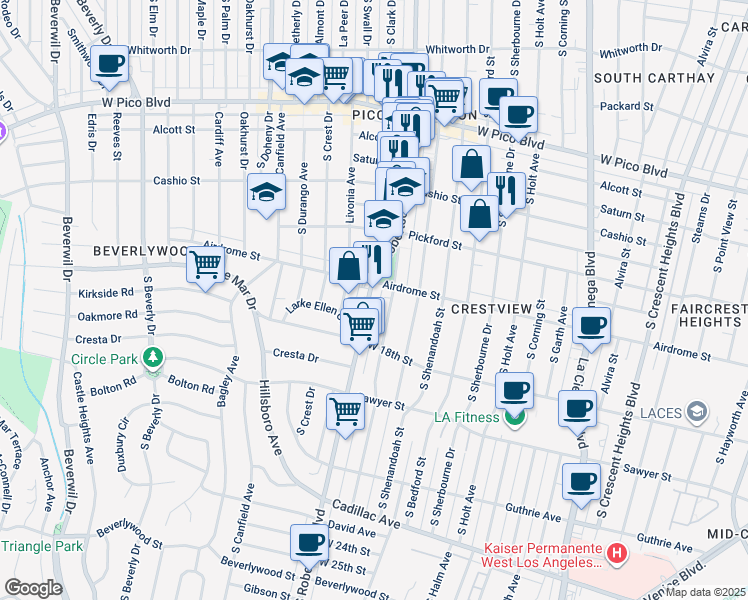 map of restaurants, bars, coffee shops, grocery stores, and more near 1728 South Robertson Boulevard in Los Angeles