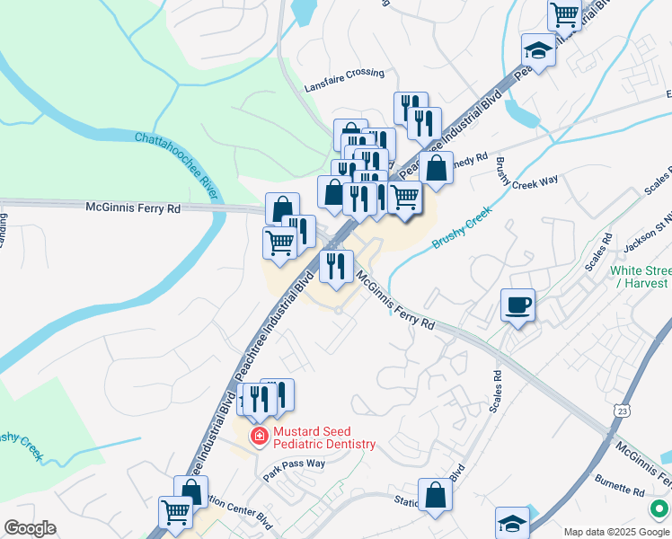 map of restaurants, bars, coffee shops, grocery stores, and more near 1090 Peachtree Industrial Boulevard in Suwanee