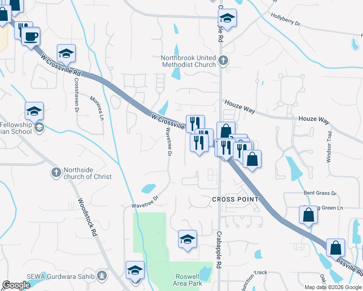 map of restaurants, bars, coffee shops, grocery stores, and more near 117 Great Oaks Lane in Roswell