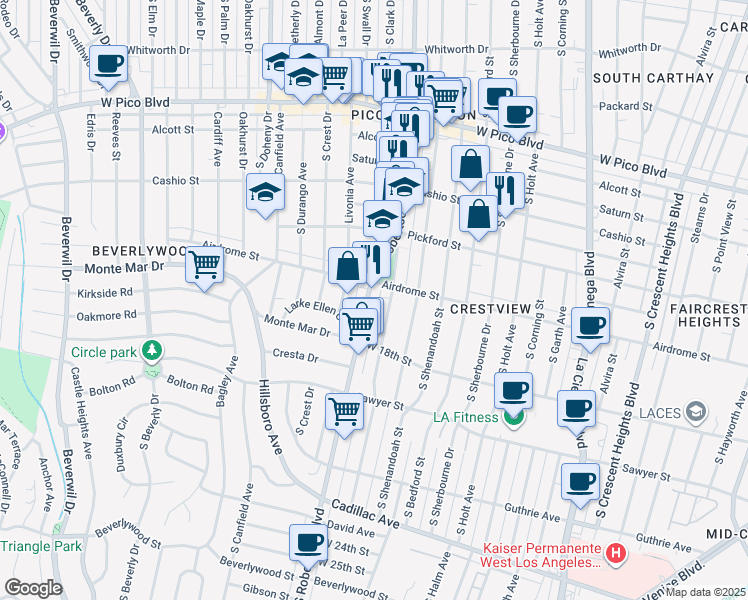 map of restaurants, bars, coffee shops, grocery stores, and more near 1728 South Robertson Boulevard in Los Angeles