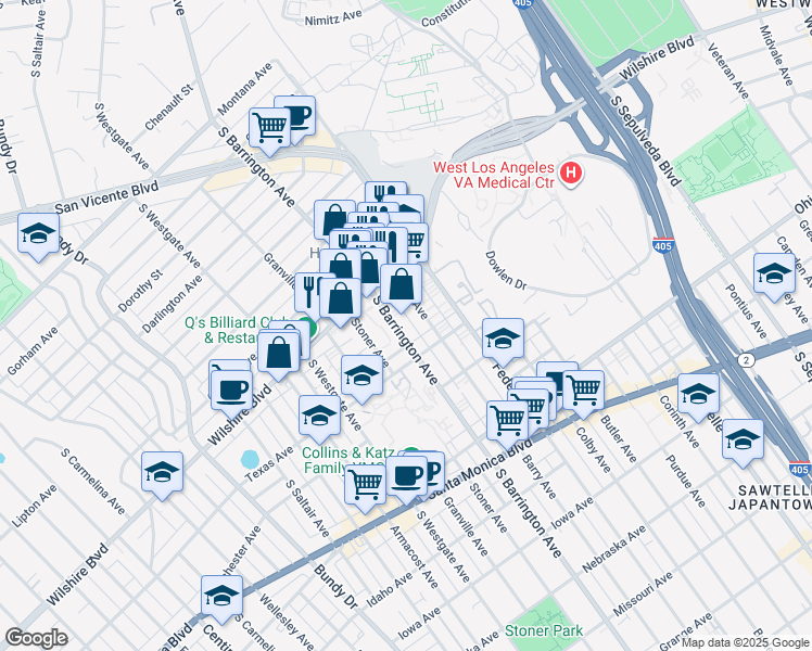 map of restaurants, bars, coffee shops, grocery stores, and more near 1242 South Barrington Avenue in Los Angeles
