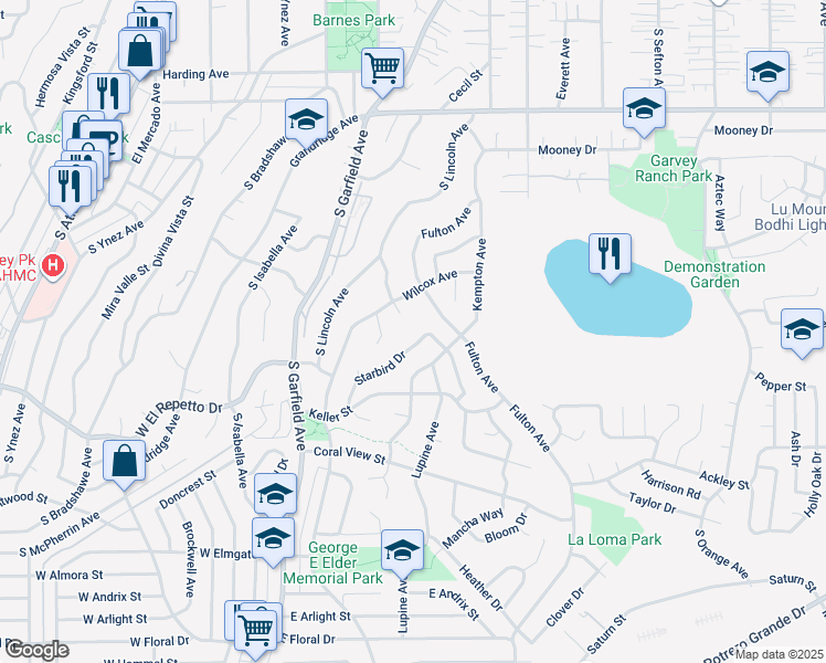 map of restaurants, bars, coffee shops, grocery stores, and more near 1416 Trumbower Avenue in Monterey Park