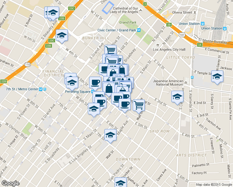 map of restaurants, bars, coffee shops, grocery stores, and more near 120 West 4th Street in Los Angeles