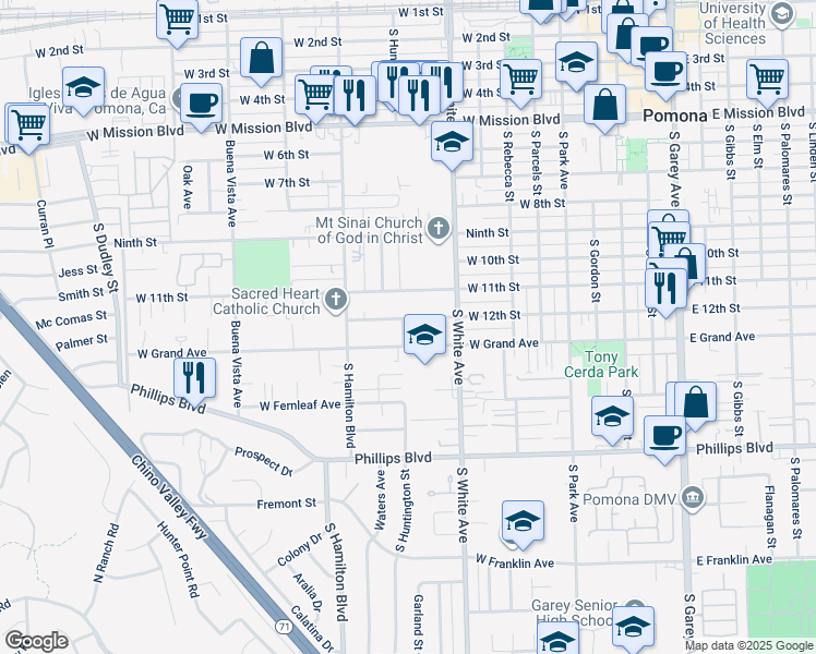 map of restaurants, bars, coffee shops, grocery stores, and more near 996 West 12th Street in Pomona