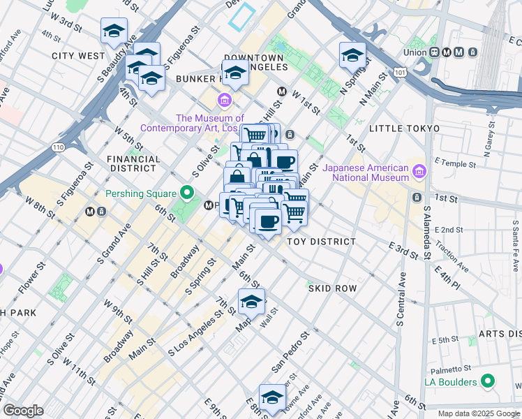 map of restaurants, bars, coffee shops, grocery stores, and more near 416 South Spring Street in Los Angeles