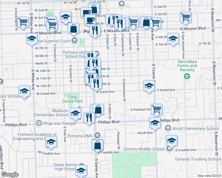 map of restaurants, bars, coffee shops, grocery stores, and more near 305 East Grand Avenue in Pomona