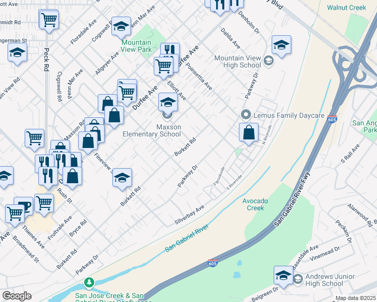 map of restaurants, bars, coffee shops, grocery stores, and more near 2442 Burkett Road in El Monte