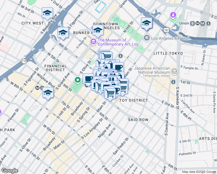 map of restaurants, bars, coffee shops, grocery stores, and more near 416 South Spring Street in Los Angeles