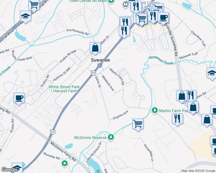 map of restaurants, bars, coffee shops, grocery stores, and more near 3806 Whitlock Avenue in Suwanee