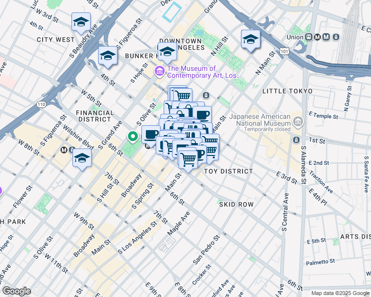map of restaurants, bars, coffee shops, grocery stores, and more near 416 South Spring Street in Los Angeles