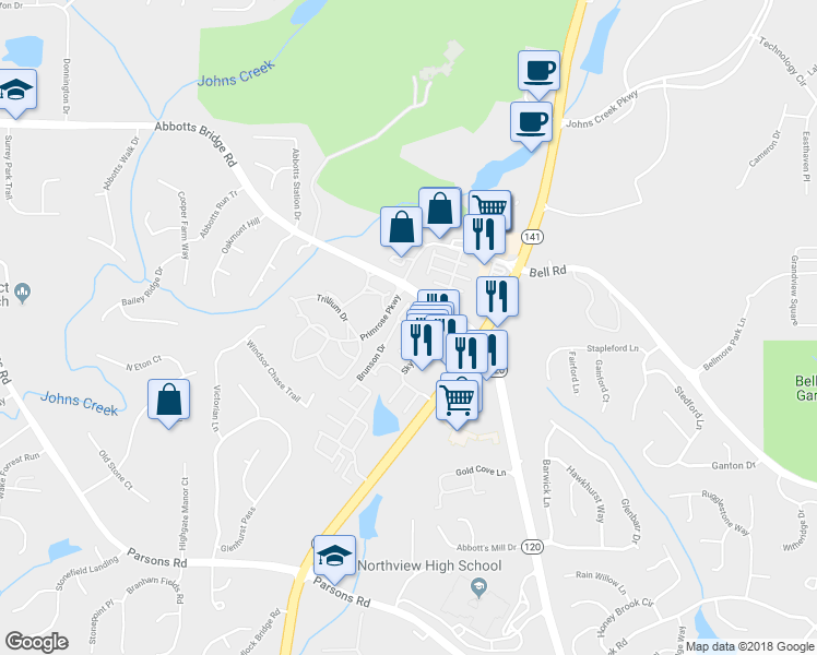 map of restaurants, bars, coffee shops, grocery stores, and more near Joybrook Road in Duluth