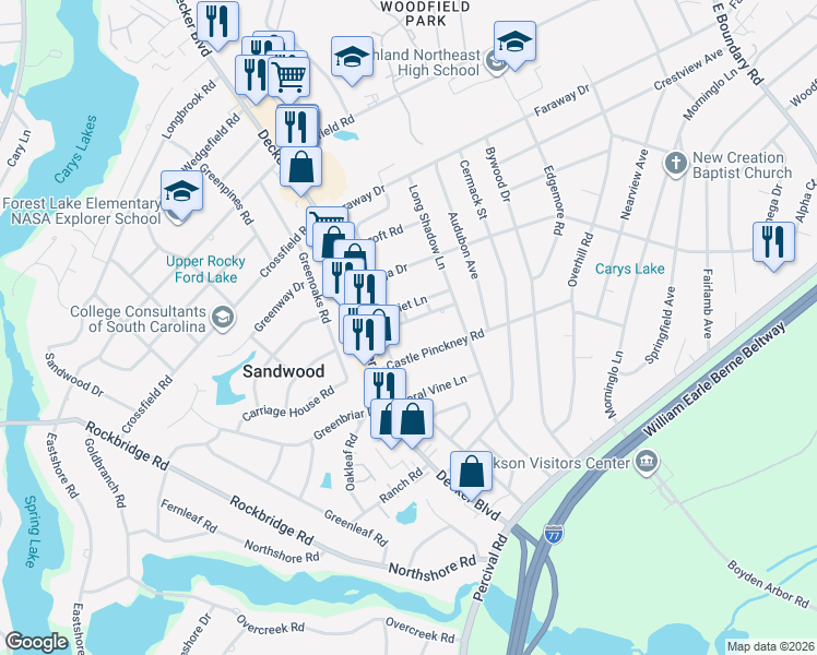 map of restaurants, bars, coffee shops, grocery stores, and more near 1114 Robins Nest Road in Columbia