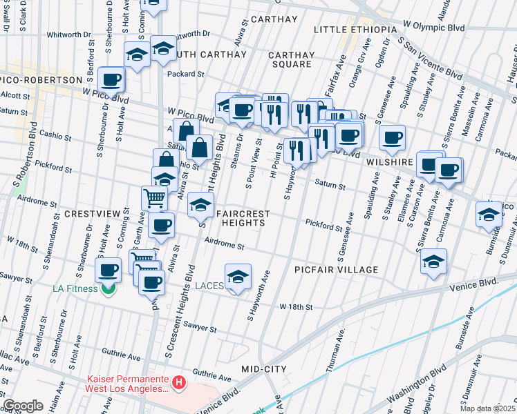 map of restaurants, bars, coffee shops, grocery stores, and more near 5943 Pickford Street in Los Angeles